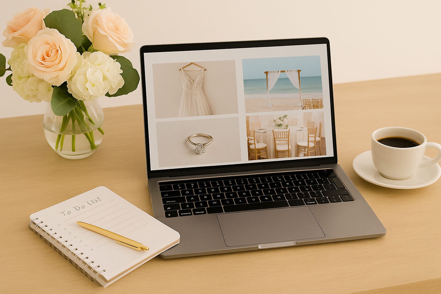 Wedding marketing workspace with laptop and flowers